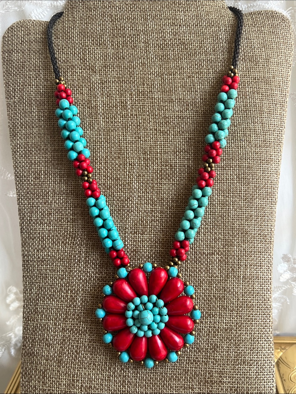 Handcrafted Turquoise & Red Floral Pendant Necklace - Women Jewelry
